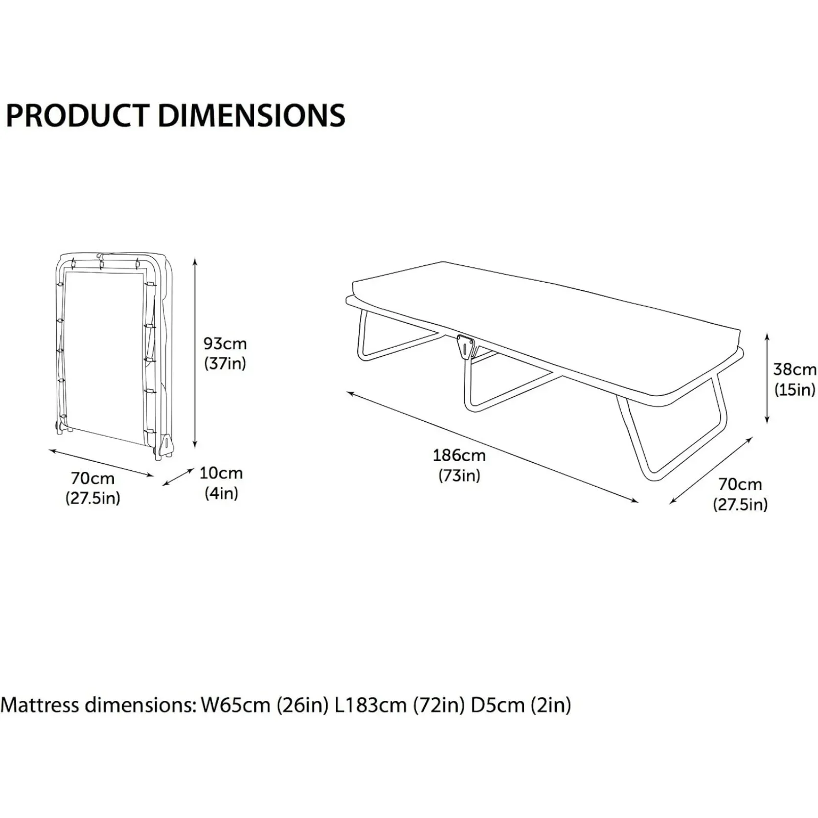 US Folding Cot Bed with Rebound e-Fibre Mattress, Lightweight,Black/White，Portable Rollaway Bed