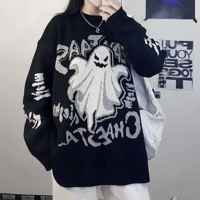 

Deeptown Harajuku Black Sweater Women Vintage Knitted Female Jumper Gothic Knitwear Korean Fashion Streetwear Oversized Autumn