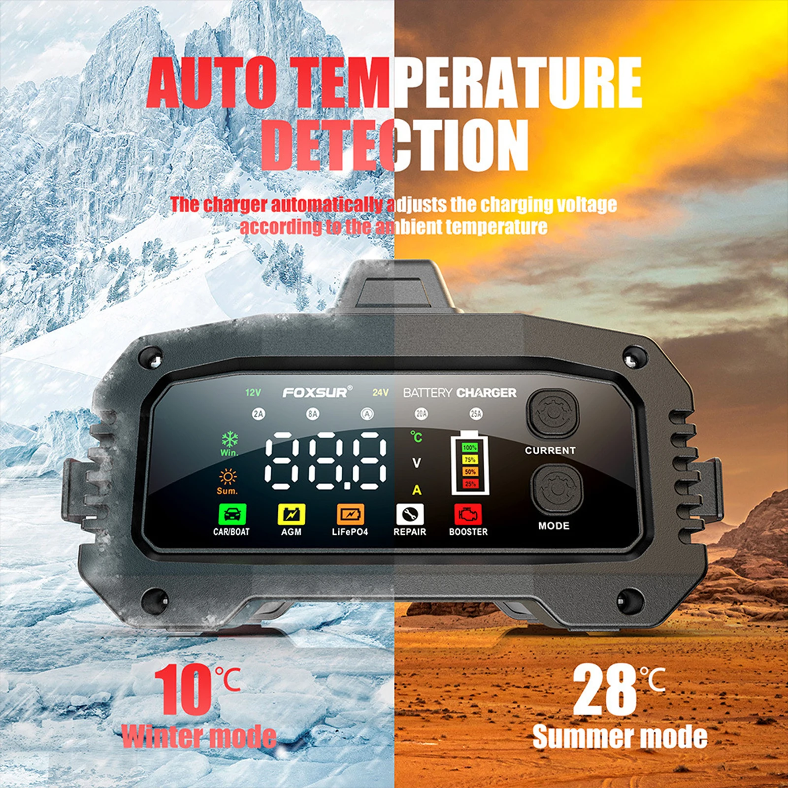 FOXSUR 25A Smart Car Battery Charger 12V/25A 24V/15A Portable Battery Charger Optional Charging Current Aluminum Alloy Shell