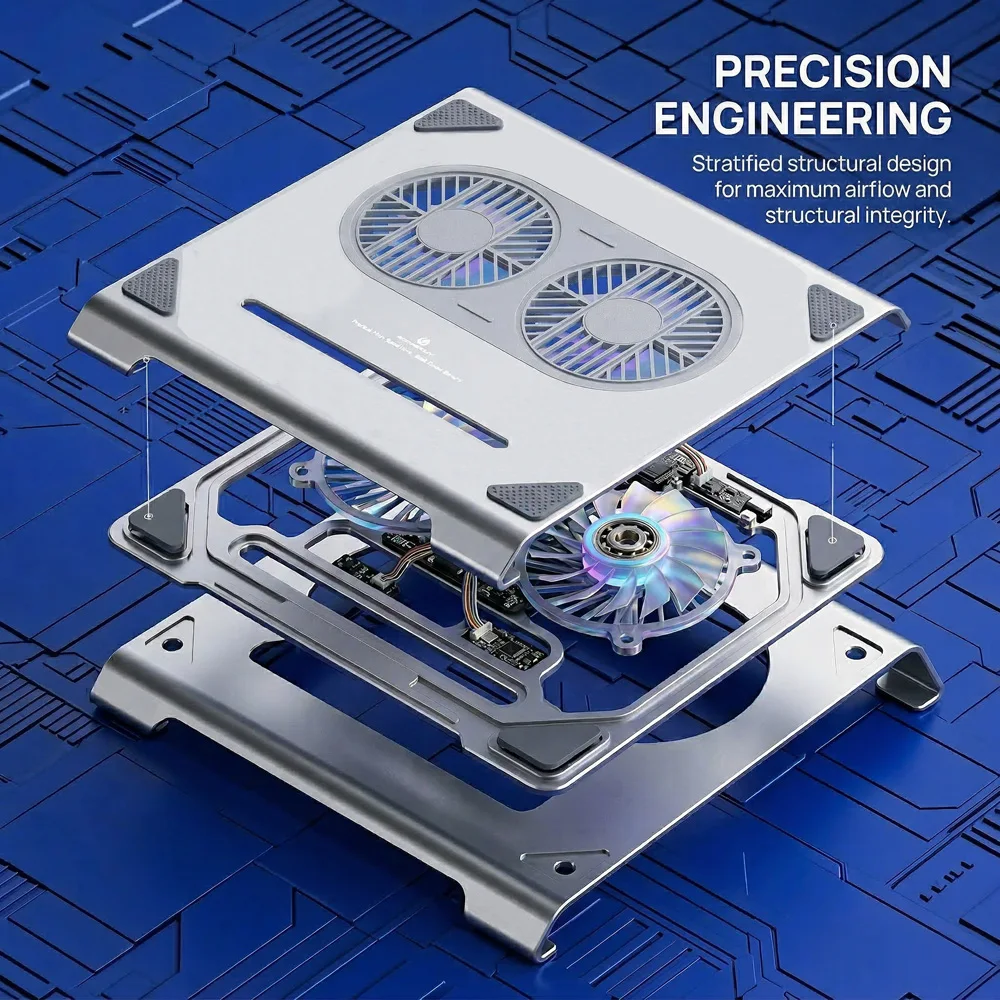 책상용 노트북 스탠드, 알루미늄 노트북 받침대, 12-17인치 노트북용 조용한 팬이 있는 인체공학적 컴퓨터 스탠드 노트북 쿨러