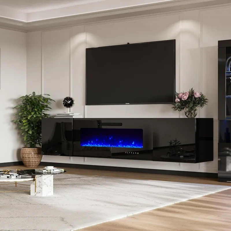 Floating Fireplace TV Stand, Wall Mounted Mirrored Entertainment Center with 40 Electric Fireplace,