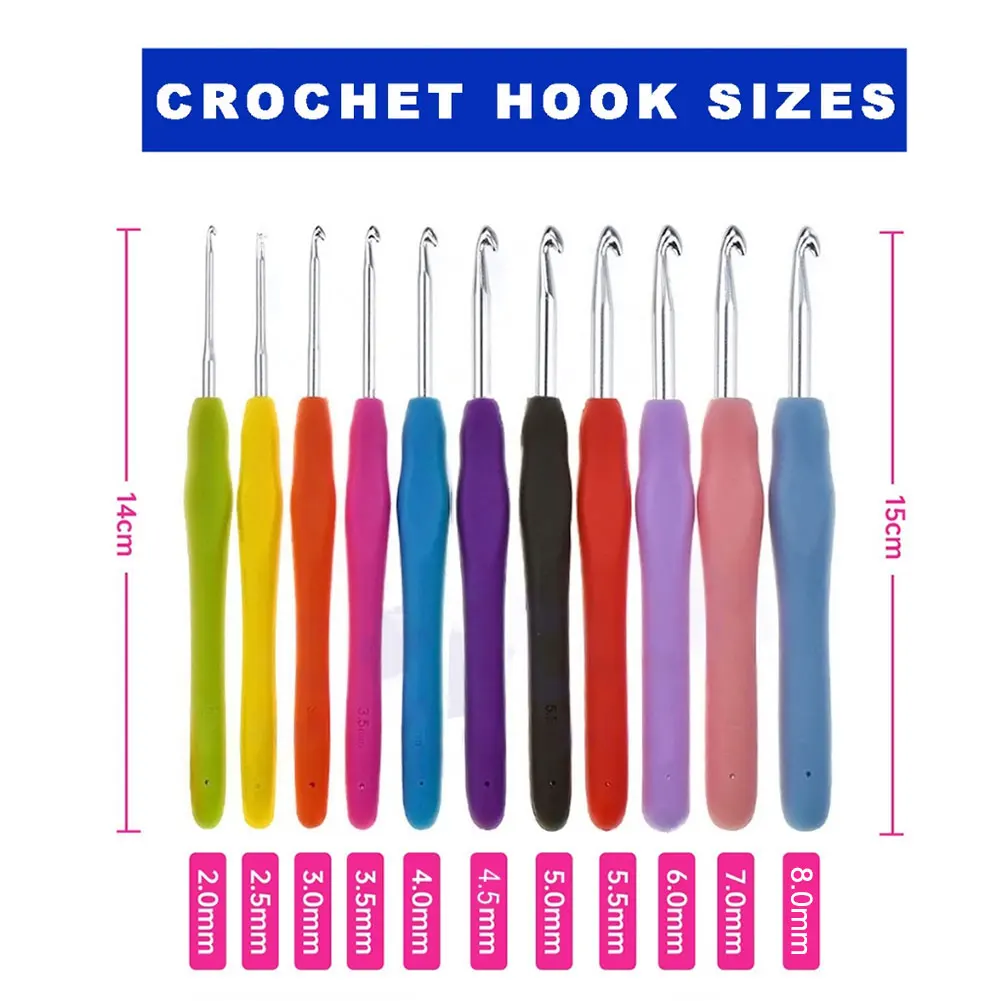11PCS Colorful Rubber Handle Knitting Needles Kit With Sewing Clips Plastic Needles Staniless Steel Scissors Crochet Hooks Set