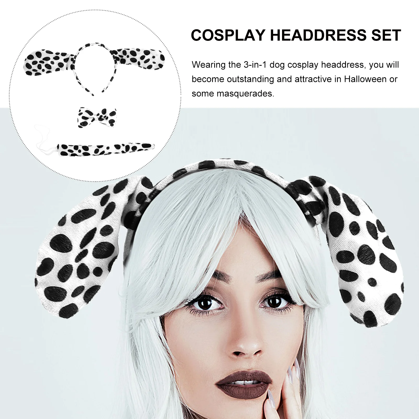 3 Sets Dalmatian Ears Headband Tail Bow Tie Costumes Halloween Head Hoops Animals Headbands Dog Ear Design Novelty Special Use