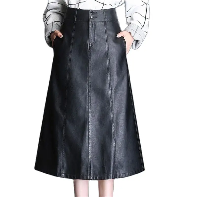 The New 2022 Over-The-Knee Skirt For Women's Autumn/Winter Is A Plus-Size High-Waisted Pu Leather A-Line | Женская одежда