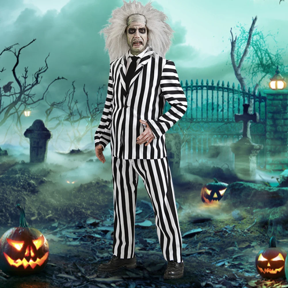 Spooky Halloween Performance Costumes Men Striped Suit with Tie Scary Halloween Infernal Master Cosplay Costume For Men Adult