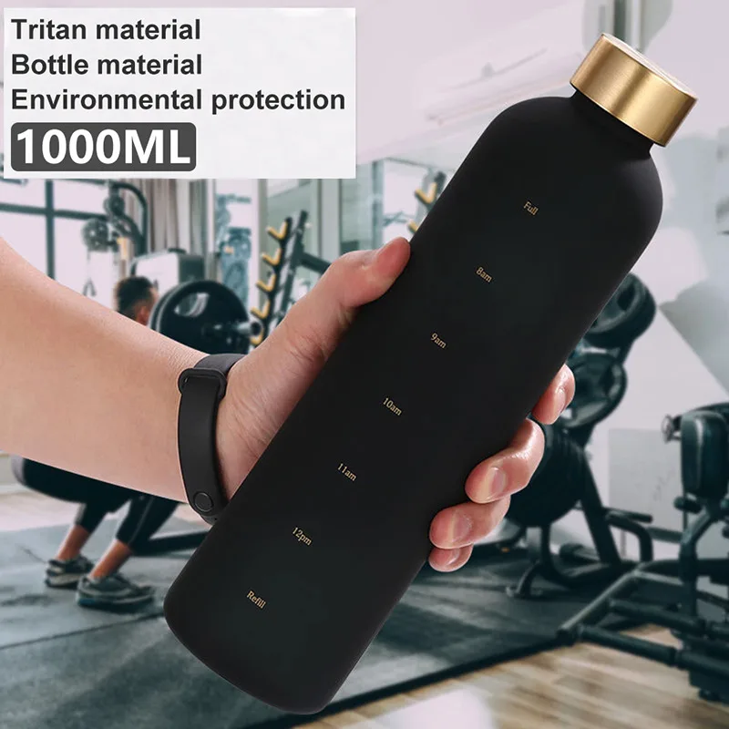 Matte Water Bottle 1000ML Plastic Water Cup with Lid Frosted Drinking Bottle for Girls with Time Marker Tea Drinkware Kitchen