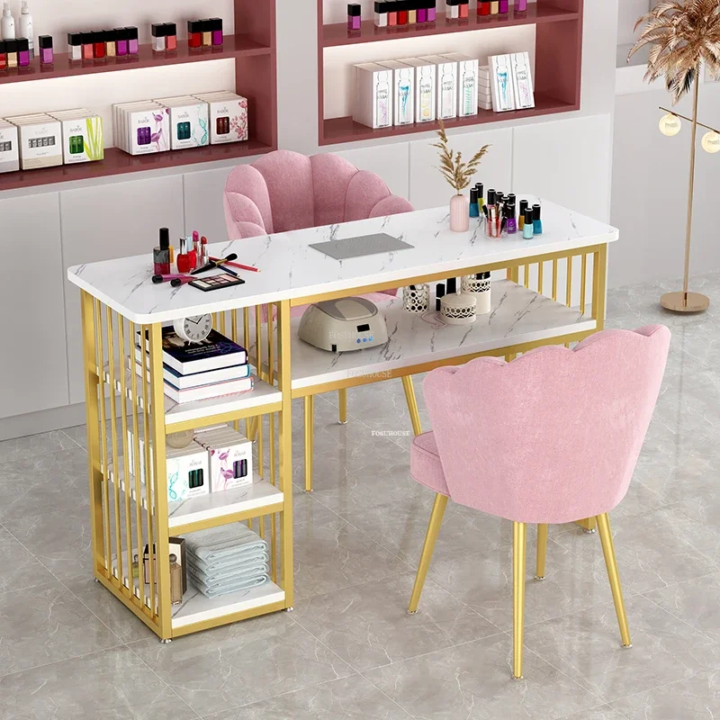 Nordic Light Luxury Golden Nail Tables Salon Furniture Modern Professional Manicure Table with Vacuum Cleaner Storage Nail Table