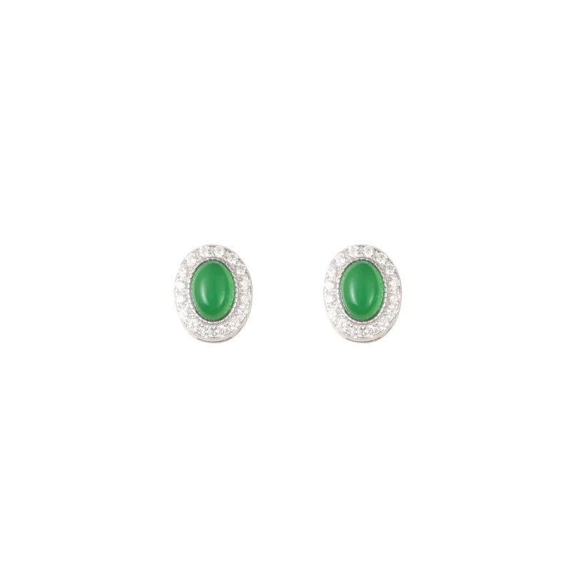 

New Pure Silver Ear Nail Women's Oval Jade Chalcedony Sweet Romantic Fashion Jewelry Couple Holiday Gift