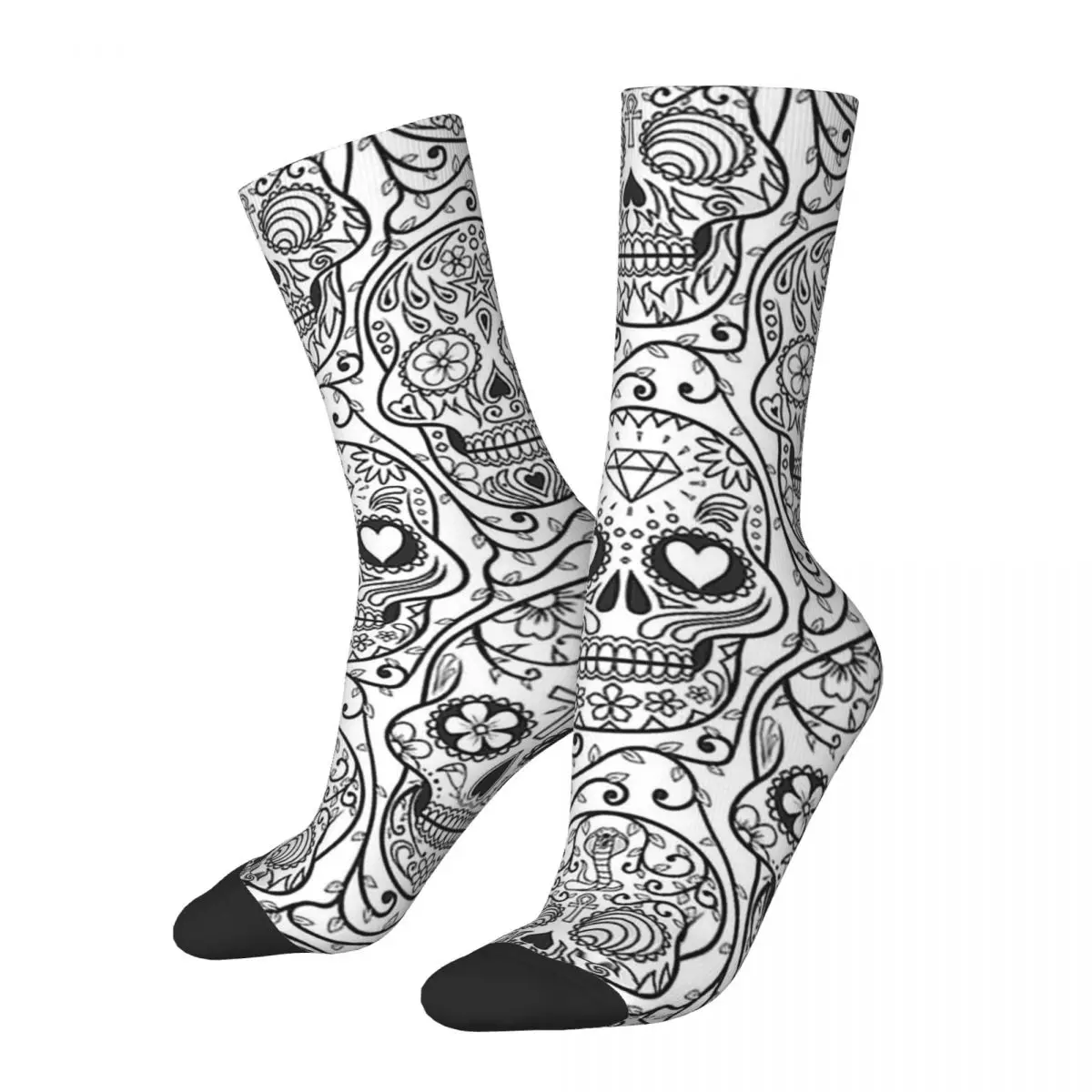Funny Happy Men's Socks Mexican Skull Pattern Black White Vintage