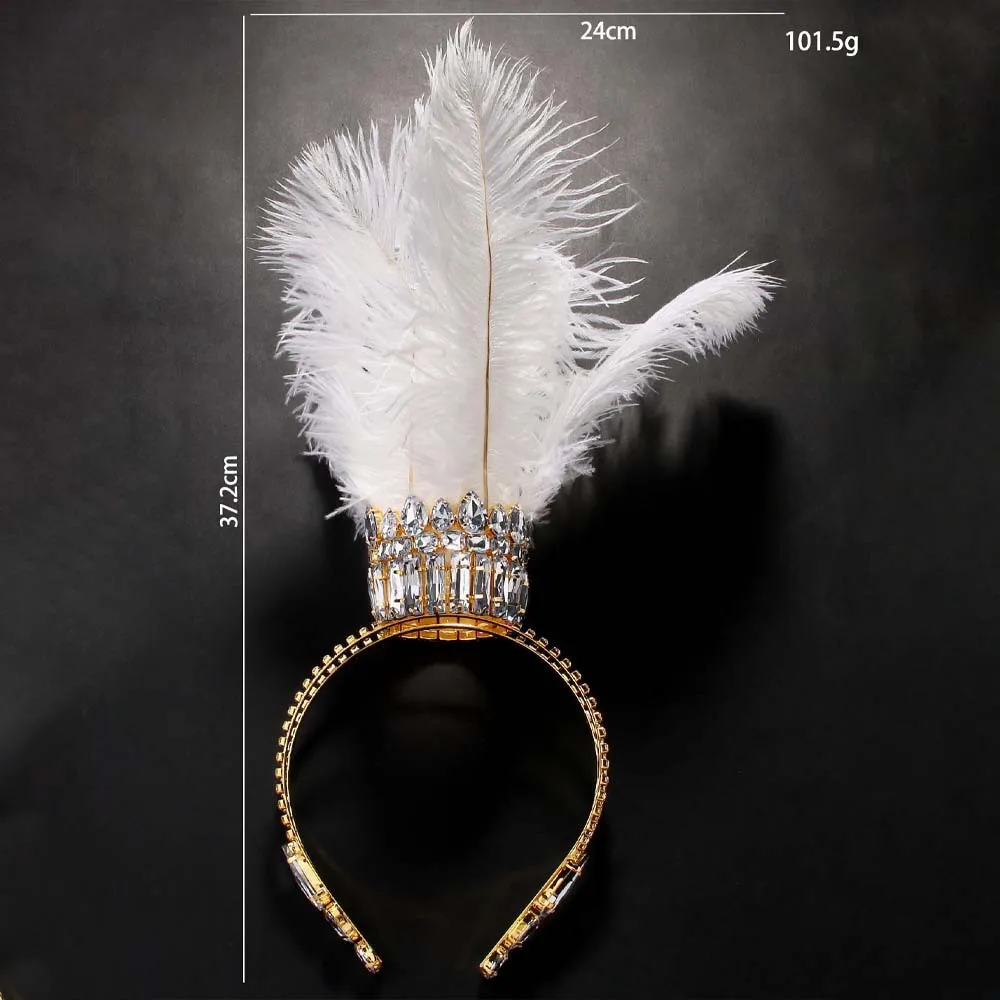Elegant White Feather Crown Tiara Drag Queen Performance Accessories Oversize Headband Rhinestone Headpiece Jewelry Cosplay Gift