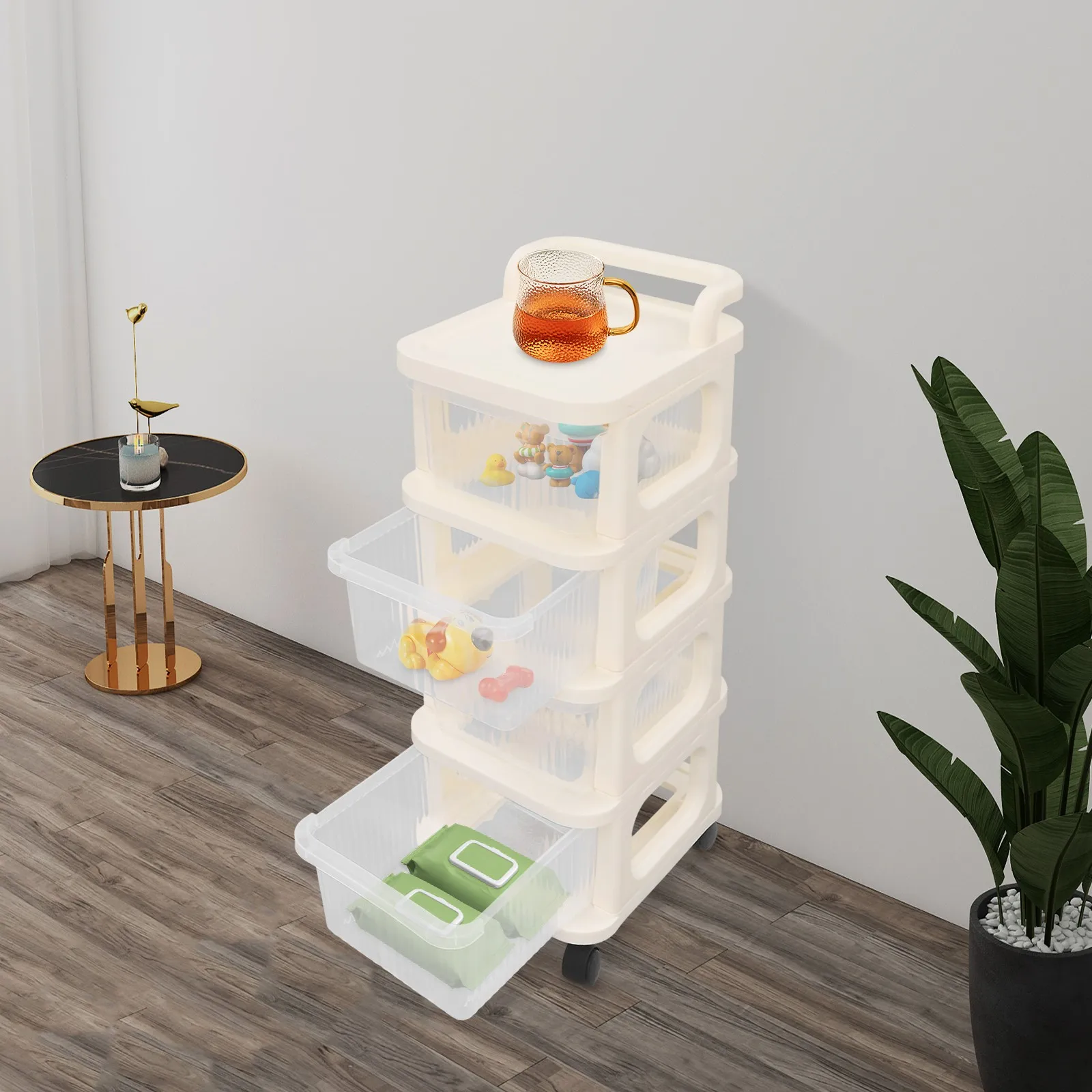 4-tiers Storage Cart Organizer Cart For Living Room Rolling Cart With Drawers US