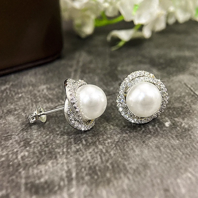 Sparkling Cubic Zirconia Imitation Pearl Stud Earrings for Women 925 Silver Color Temperament Girls Ear Accessory Hot Jewelry