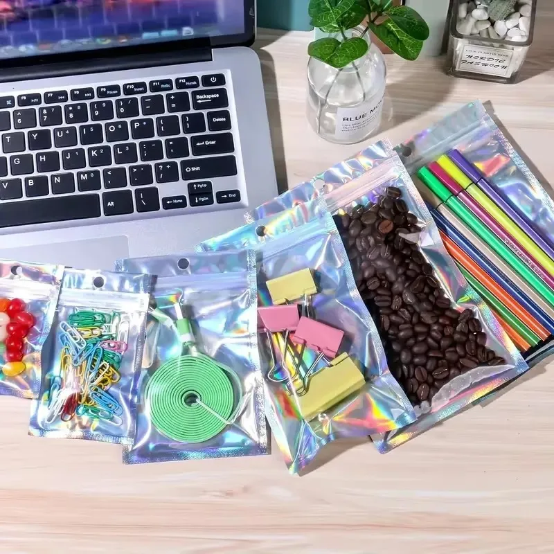 Mylar holografische wiederverschließbare Beutel, geruchsdichte Beutel, Folienbeutel, Druckverschlussbeutel für Partygeschenke, Lebensmittelaufbewahrung, Schmuckverpackung, 7 Größen – Detail 8