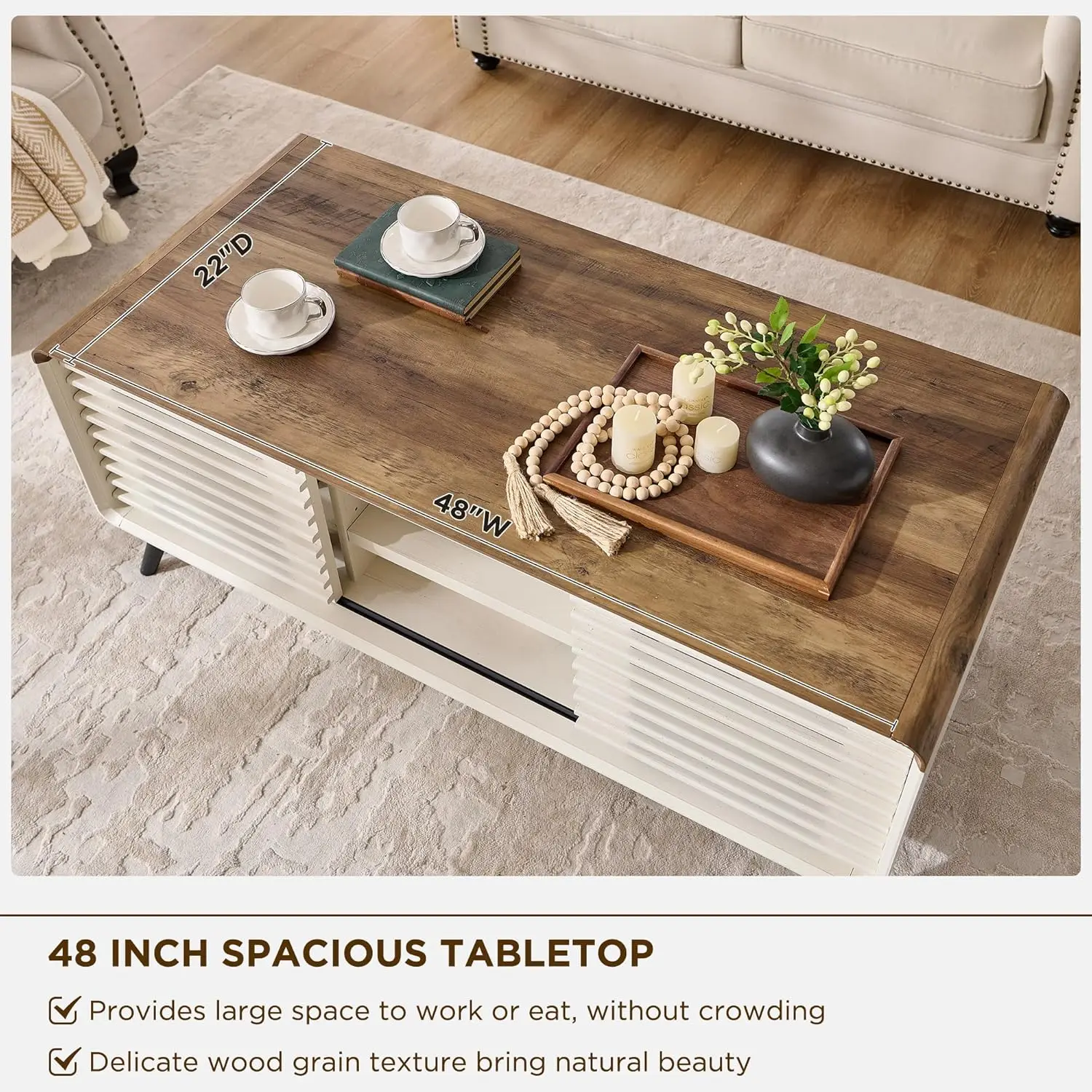 48" Lift Top Coffee Table with Slatted Sliding Door, Mid Century Modern Center Table with Hidden Storage Compartment 6
