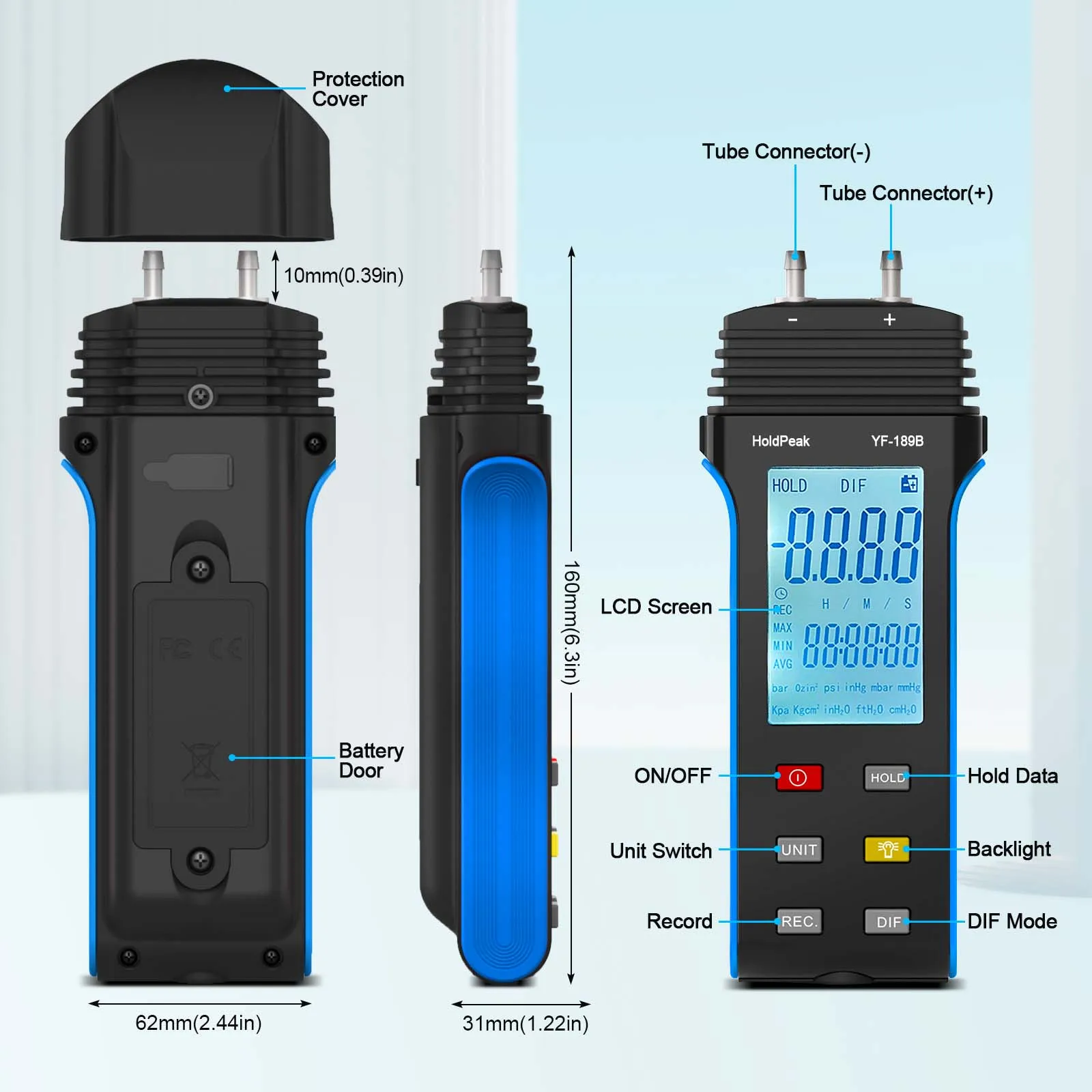 디지털 차압계 HVAC 가스 압력 테스터 ±30Psi 다중 단위 데이터 홀드 MAX MIN AVG 백라이트
