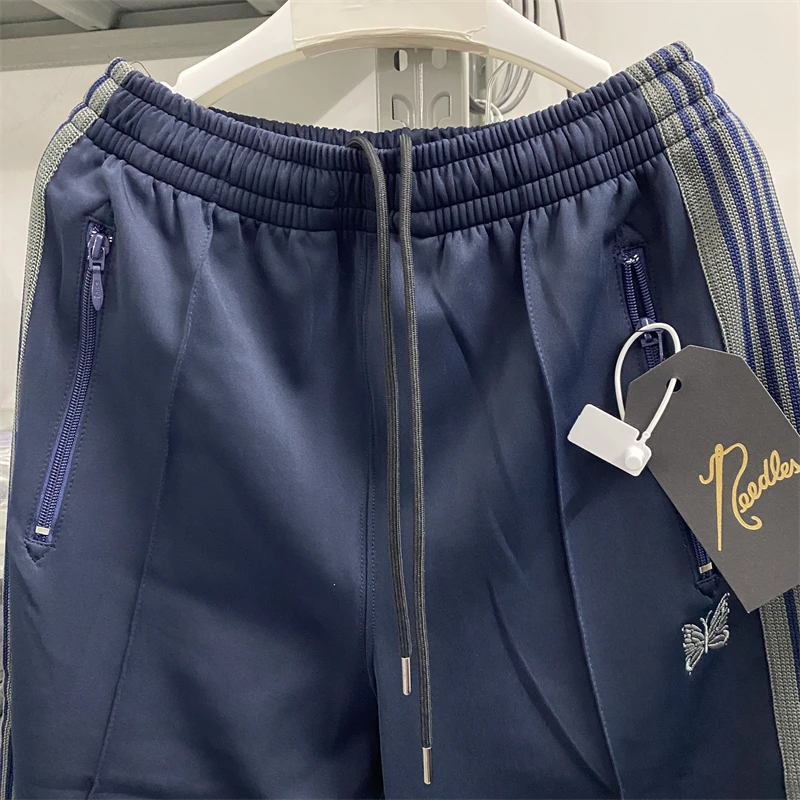 

New Dark Blue Needles AWGE Sweatpants Men Women Grey Stripe Butterfly High Street Narrow Track Pants Trousers