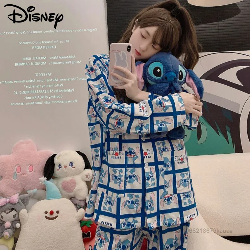 

Новинка, одежда из мультфильма Disney, домашняя одежда, роскошный комплект из 2 предметов, Женский хлопковый топ с длинным рукавом и брюки, модная Пижама Y2k