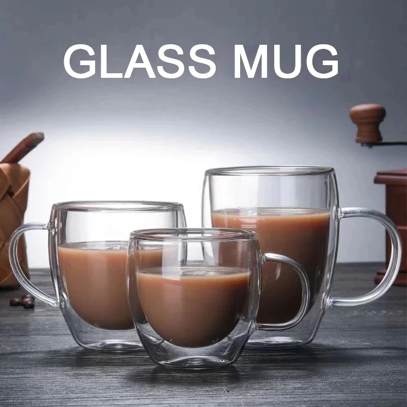 Transparent glass coffee cup milk tea double creative heat resistant mug 
