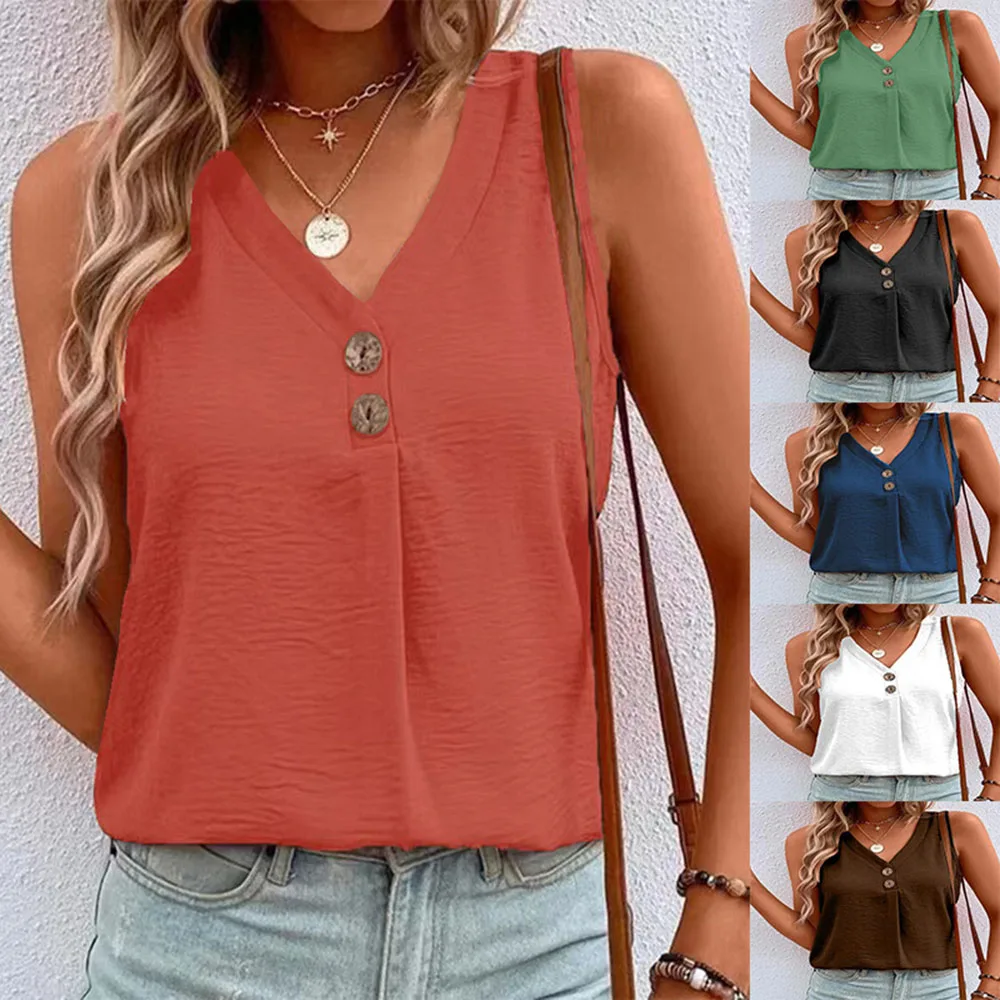

Womens V-Neck Sleeveless Tank Vest Tops Ladies Summer Casual T-Shirt Blouse Tee Vests Ladies Tee Tank Tops Blouse Buttons