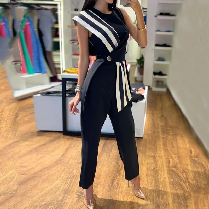 

2023 Sexy Sleeveless Straight Long Pants Playsuit Office Lady Slim Fit Romper Fashion Striped Color Matching High Waist Jumpsuit