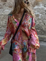 Floral Print Chiffon Women's Two Pieces Set Loose Single Breasted Long Sleeve Shirts Wide Leg Pants 2025 Vacation Lady Outfits 1