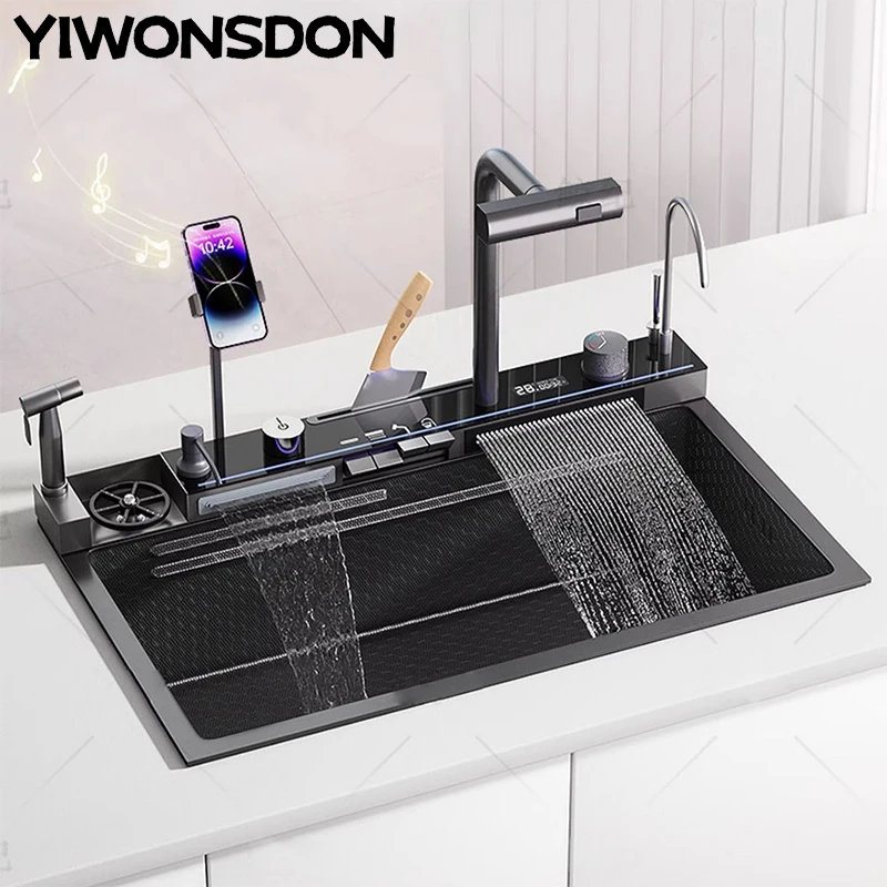 Nano Kitchen Sink With Phone Knife Holder High Pressure Sprayer Integrated Digital Waterfall Tap Large Single Slot Cup Washer
