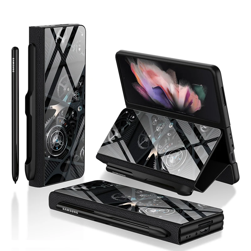 Luxury Plating Tempered Glass Case for Samsung Galaxy Z Fold 3 5G Marble Cases Plastic Frame Hard Glass Cover for Galaxy Z Fold3