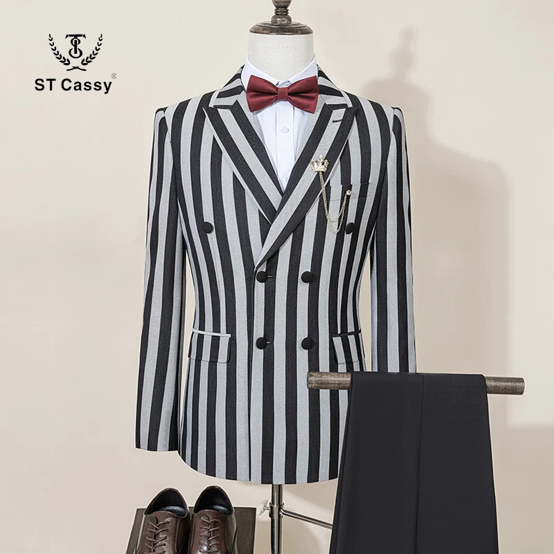 Men ST Cassy Suits Fashion striped evening gown Double Breasted Slim Fit 2 Piece Jacket Pants