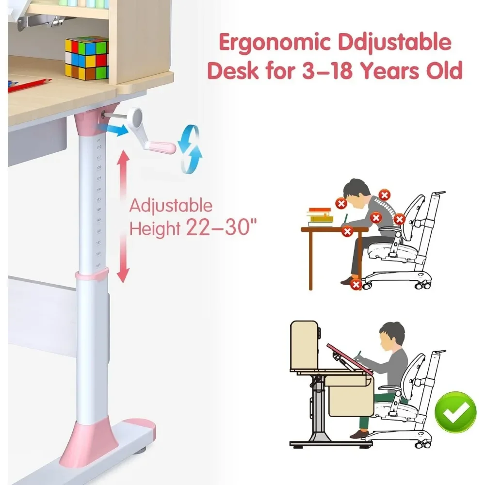 Children's table, wooden height-adjustable ergonomic children's table with tiltable top, storage drawer