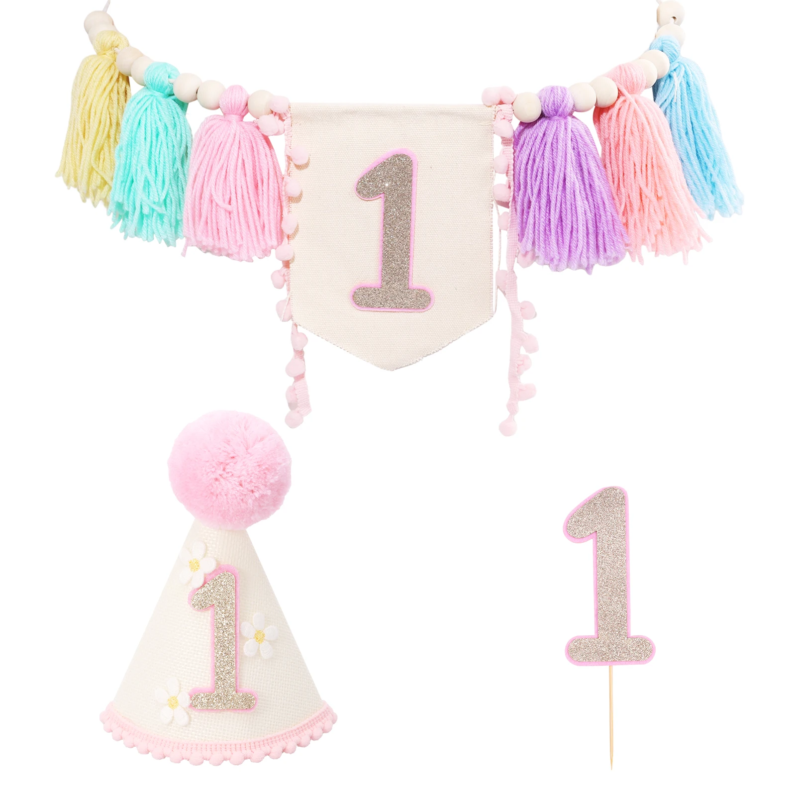 3pcs Baby First Birthday High Chair Banner Crown Hat and Cake Topper Boy Girl One Year Old Birthday Party Decoration Supplies