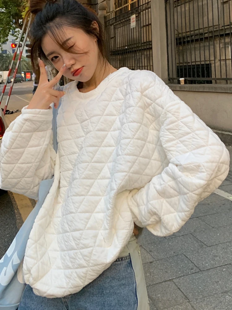 

Женские толстовки, толстые топы на осень и зиму, женские толстовки оверсайз с длинным рукавом с узором ромбиками, женские повседневные свободные толстовки с круглым вырезом