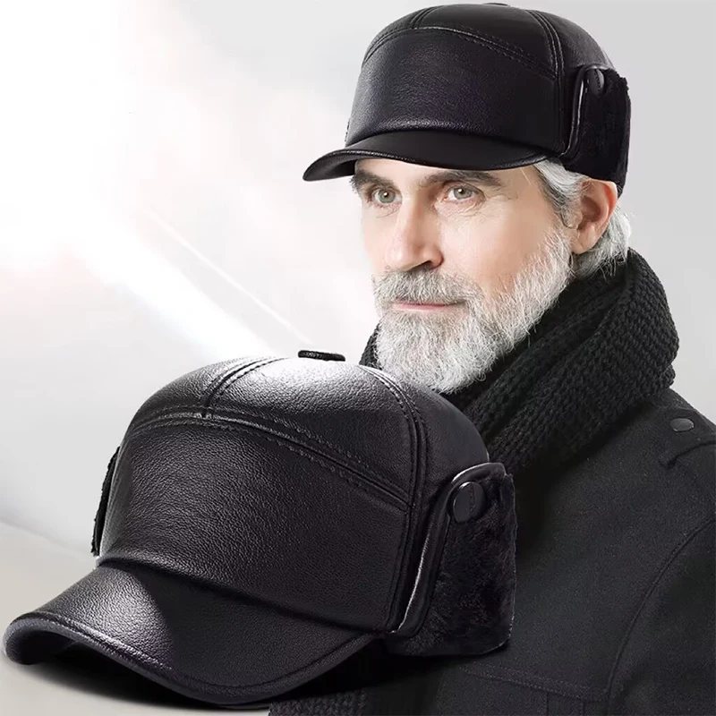 Elderly Pu Hat Male Winter Dad Grandpa Thermal Hat Thick Warm Leather Hat Old Man Ear Protection Cap 2