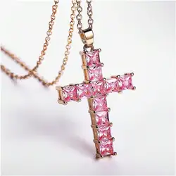 Elegant Multi-Color Crystal Cross Pendant Necklace - 45cm (Gold Pink)