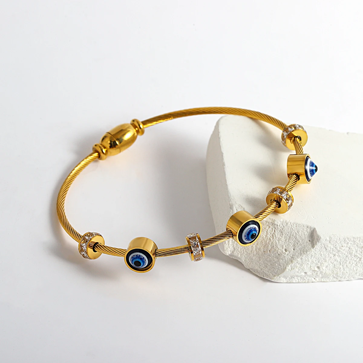 Lucky Dvil's Eye Bracelet Stainless Steel Blue Evil Eye Golden Thin Cuff Bangle with Rhinestones For Men Women Fashion Jewelry 5