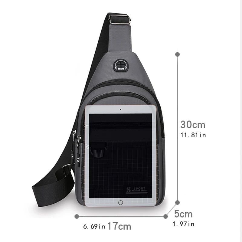 Men's large capacity fashionable black adjustable shoulder bag with multiple zipper pockets, travel equipment, durable zipper cl