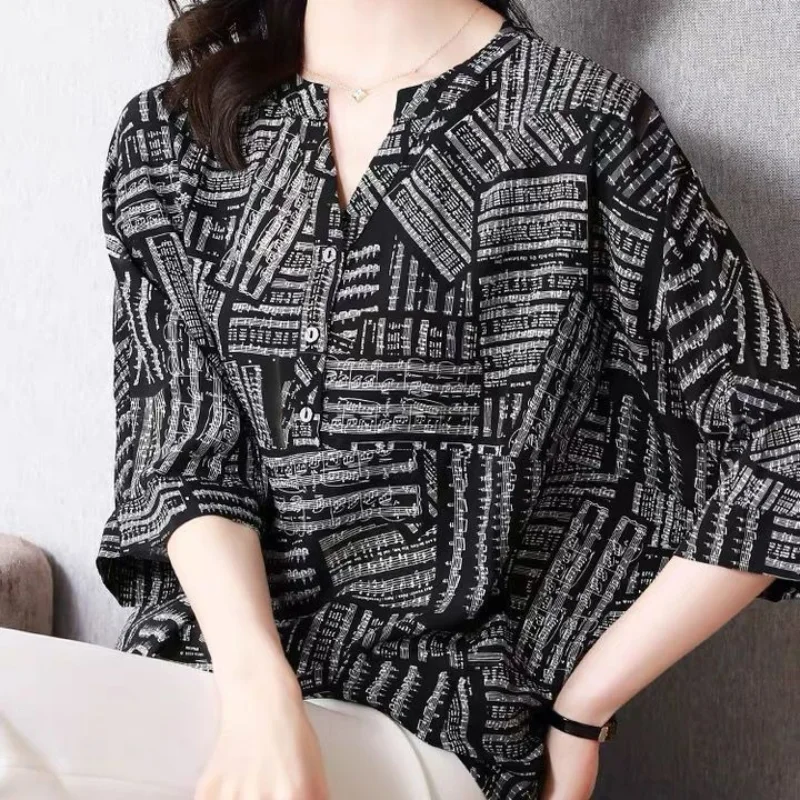 Fashion Vintage Women Summer Oversized Shirt Korean Clothing New 3/4 Sleeve Print All-match Basic Chic Office Casual Blouse 2023