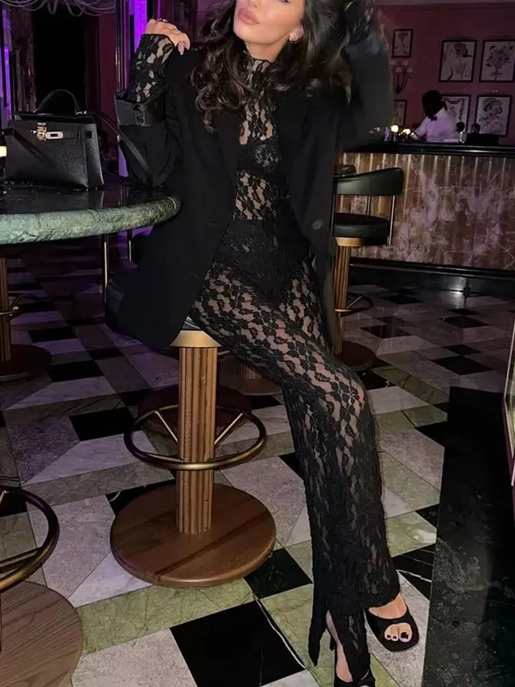 HH Womens Lace Pants Sets Slim Jumpsuits Top + High Waist Trousers Sexy Lady Floral Lace Translucent Y2k Bodysuit Suits