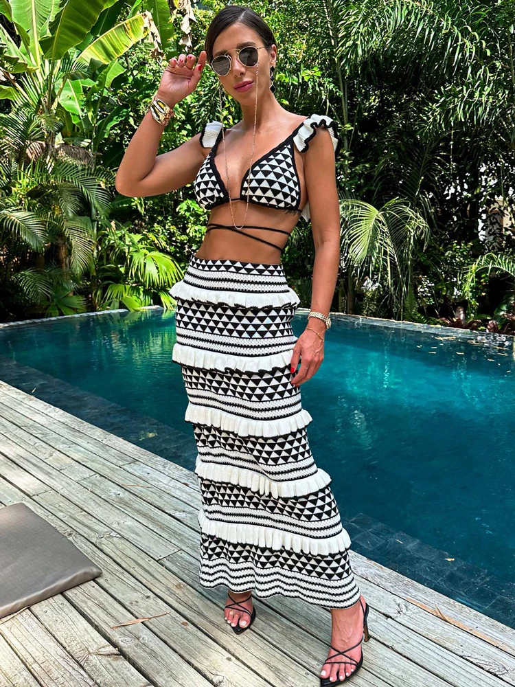 

Tossy Knit Zebra Printed Striped Maxi Skirt Sets Female Ruffled Bikini Top 2 Piece-Set Fashion Outfits Knitwear Long Skirt Sets