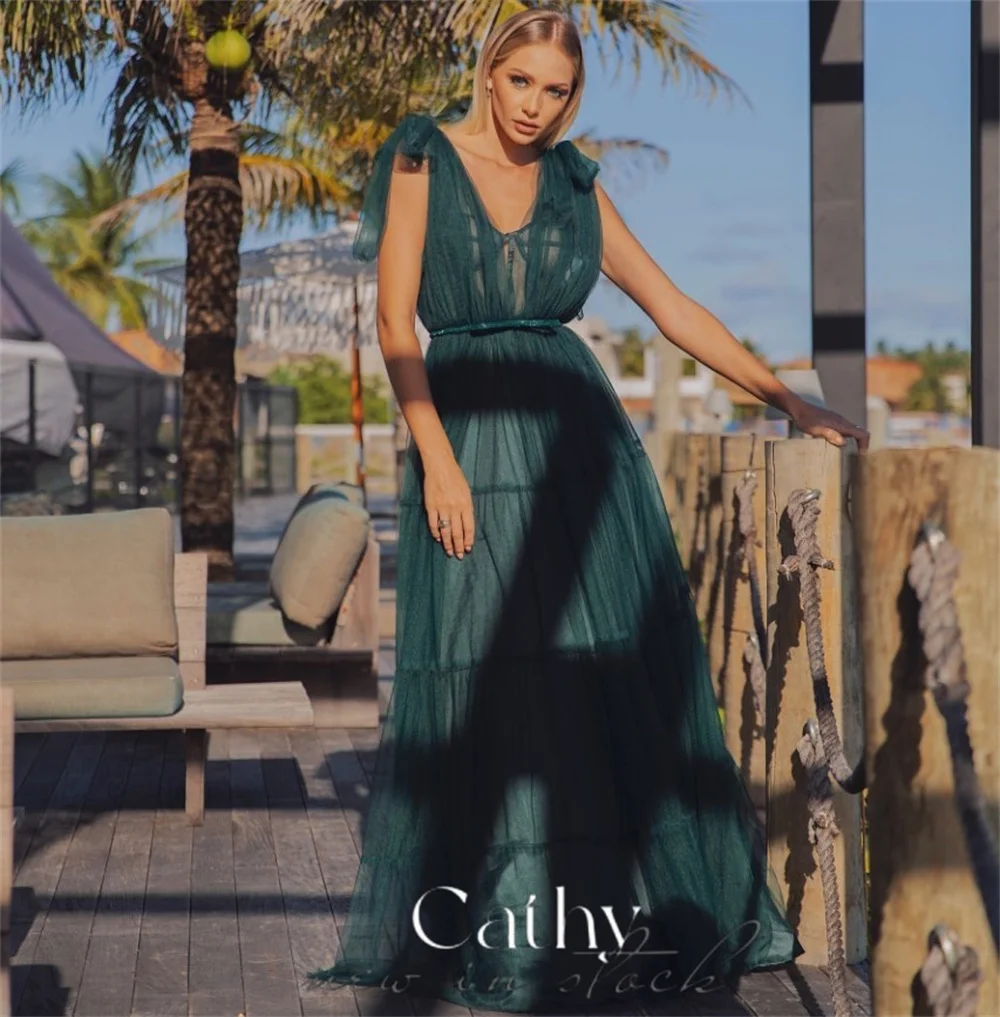 

Cathy Sexy V-neck Prom Dresses 2023 Elegant Green Fas Kaftan kadın Multilayer Maxi Vestidos De Noche Tulle A-line Prom Gown