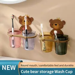Teddy Bear Wall Mounted Toothbrush Holder Cup Punch Free Storage Rack Bathroom Mouth Cup Supplies Organizer Bathroom Accessories