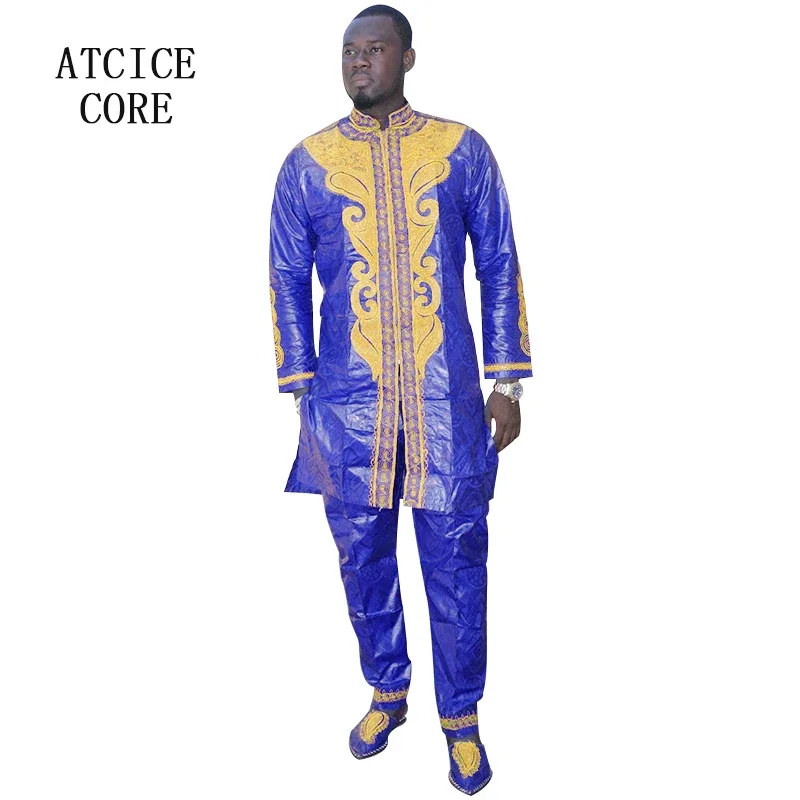 African Man Fashion Bazin Riche Embroidery Design Long Top With Pants Without Shoes african dress