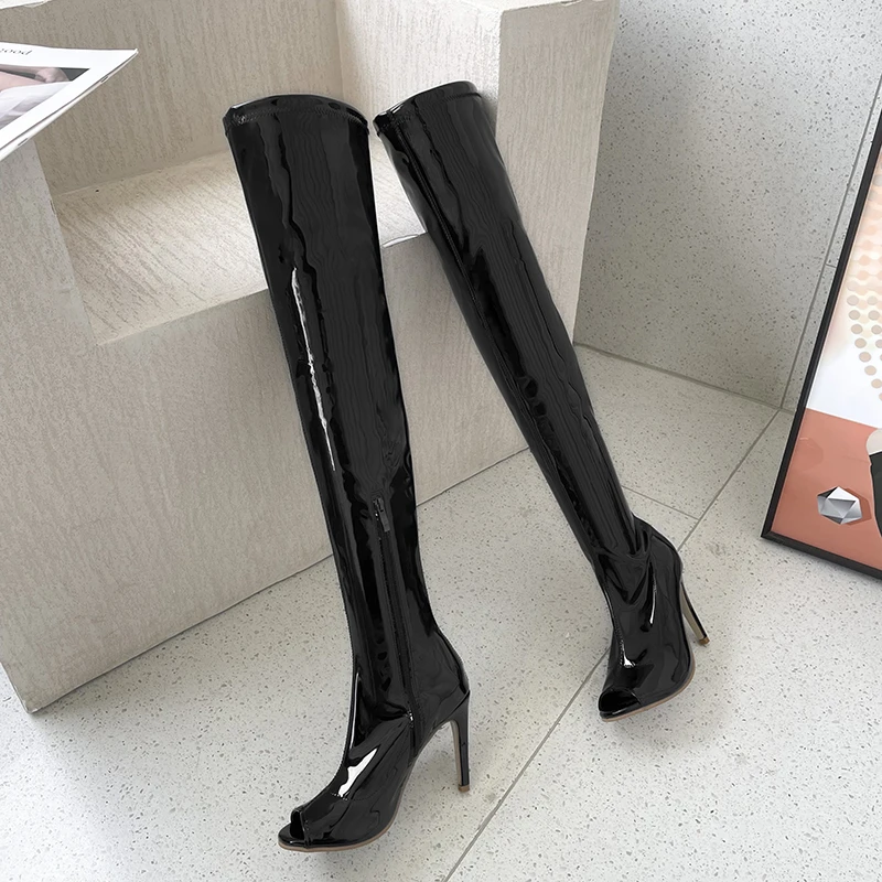 여성용 섹시한 피쉬 마우스 하이힐, 롱 부츠, 블랙 에나멜 가죽 부츠, 용수철, 여름, 가을, 유럽 및 미국 패션