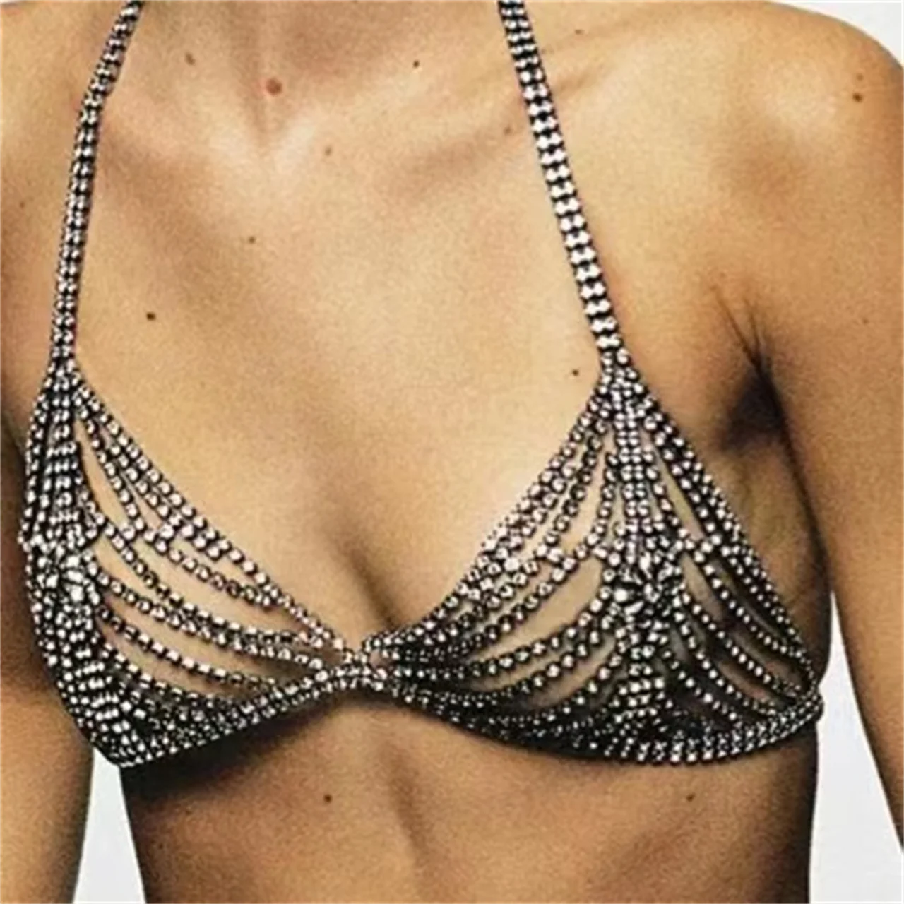 Women's sexy shiny Rhinestone mesh sling body chain jewelry fashion bikini crystal breast chain bra underwear nightclub accessor