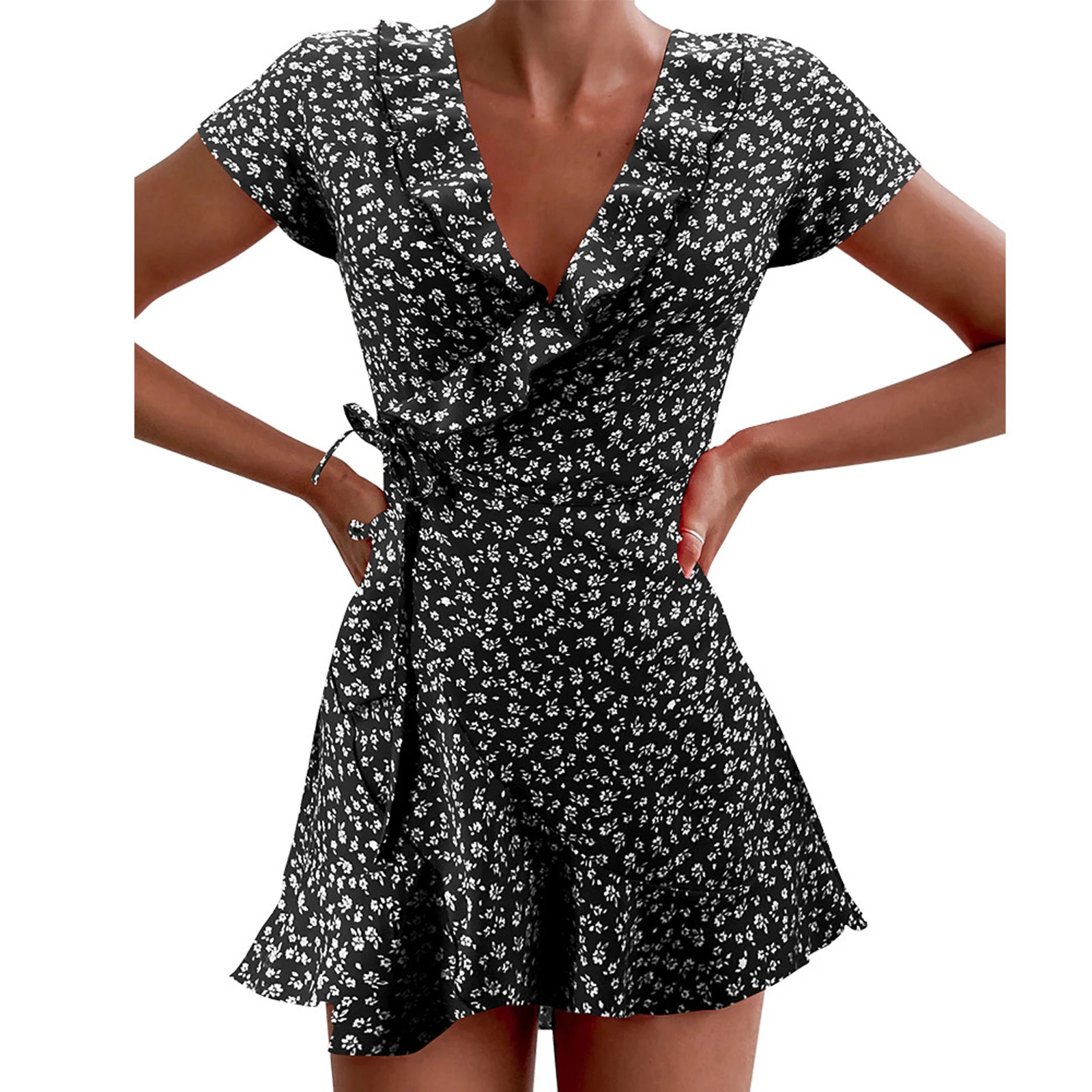 Floral Print Short Sleeve Wrap Dress 