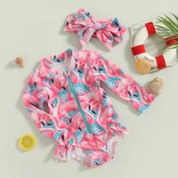 Rteyno Toddler Girls Swimsuit Rompers Long Sleeve Floral Print Baby Ruffles Bathing Suit Swimwear with Headwear Playsuit 5