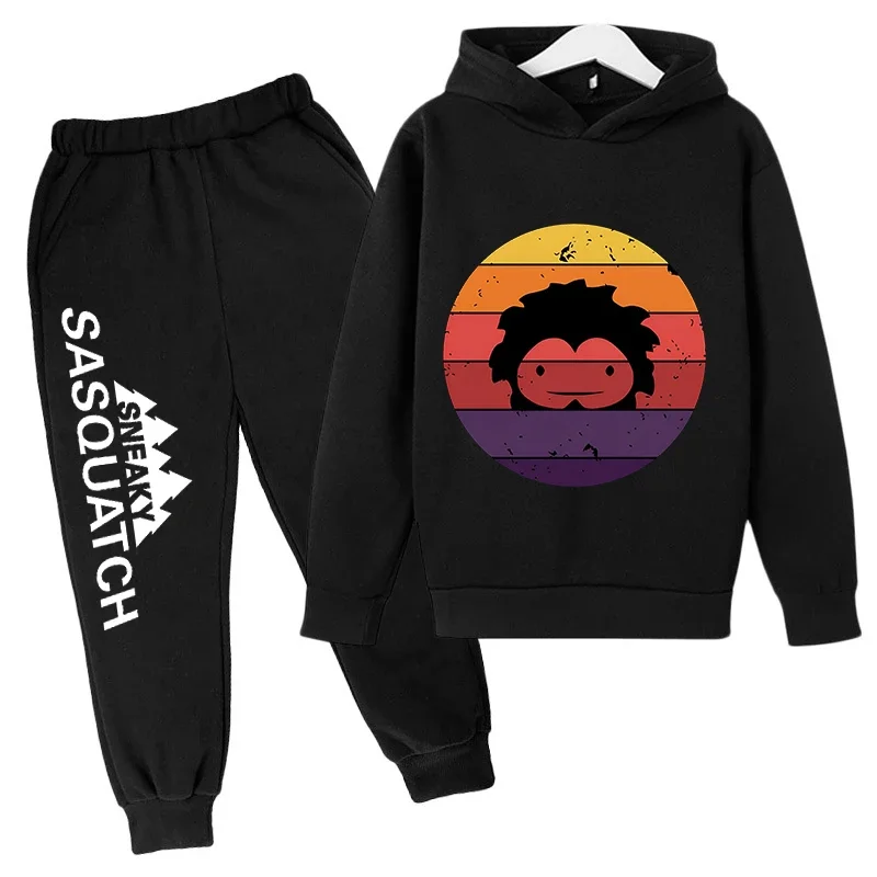 thumbnail image 1 of Conjunto de sudadera con capucha y pantalones de polar para niños, conjunto de 2 piezas, chándal, estampado de cabeza grande de Sasquatch furtivo, 1 of 5