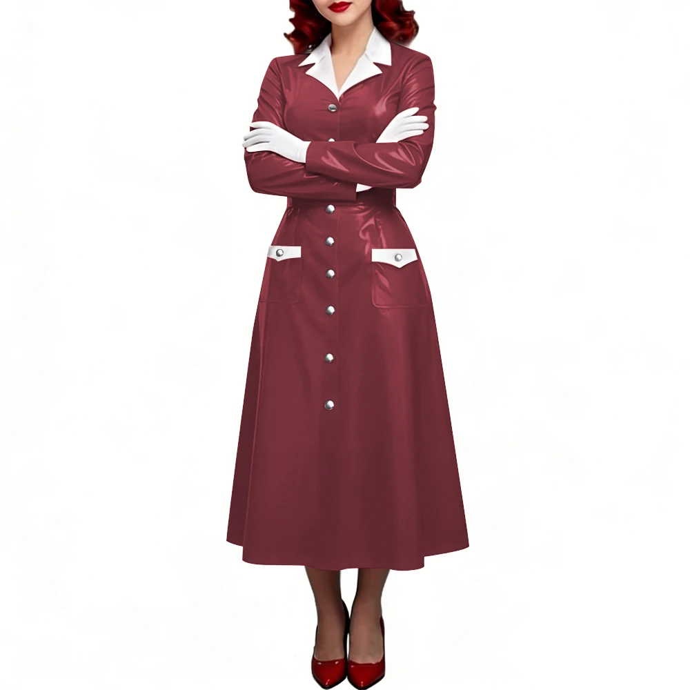 PVC Shiny Leather Single-breasted Nurse Dresses Turn-down Collar A-line Nurse Uniforms Halloween Doctor Nurse Cosplay Costume