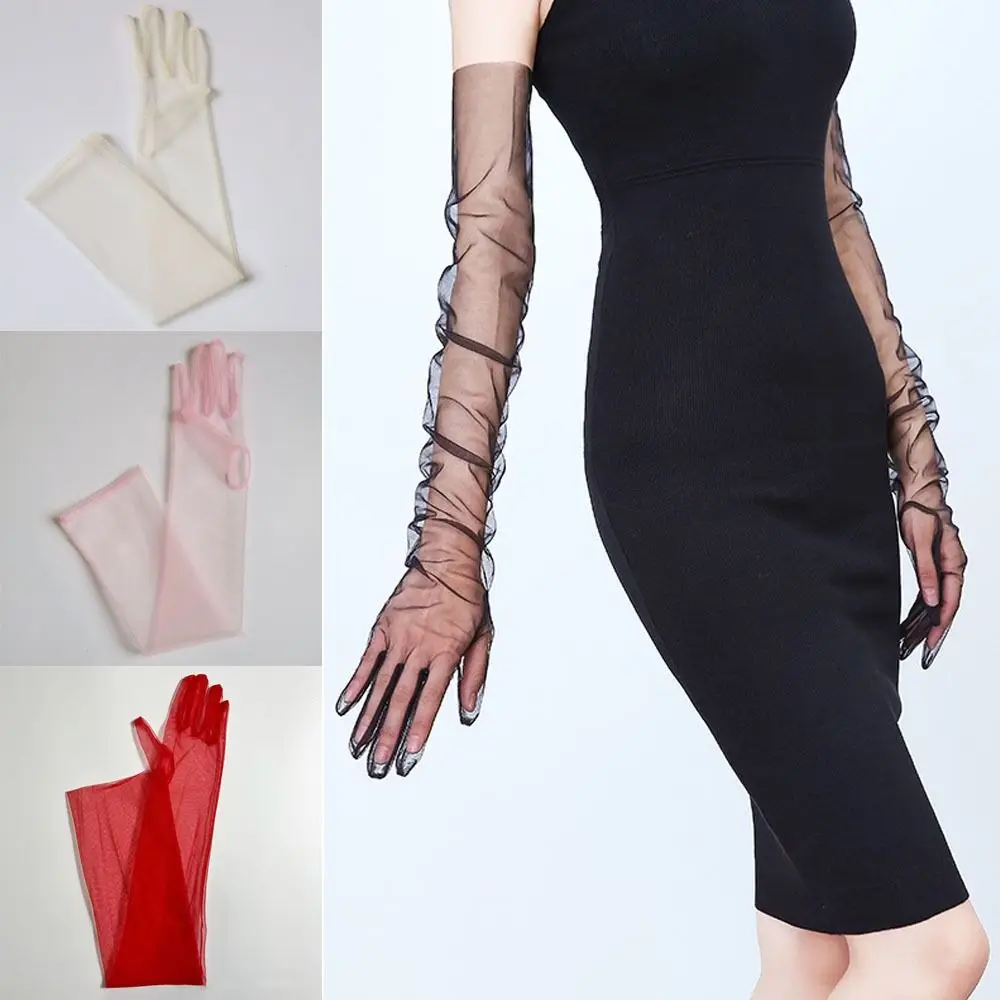 Decoration Thin Mesh Long Transparent Gloves Full Finger Sun Protection Long Sheer Gloves 70cm Driving Gloves Summer