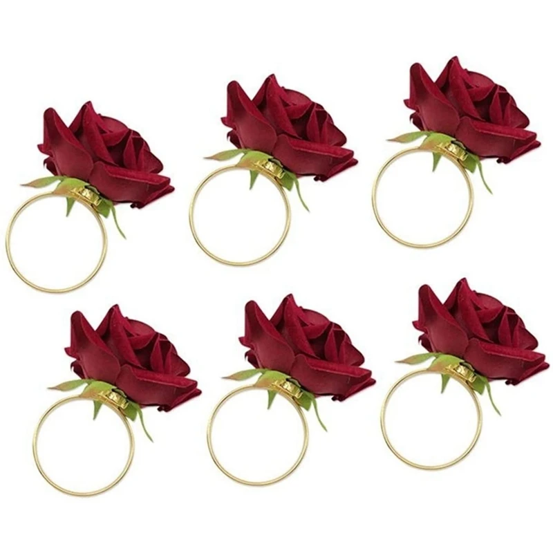

Red Rose Shape Towel Buckle Wedding Party Valentine's Day Hotel Table Decor Metal Napkin Holder Rings 6Pcs