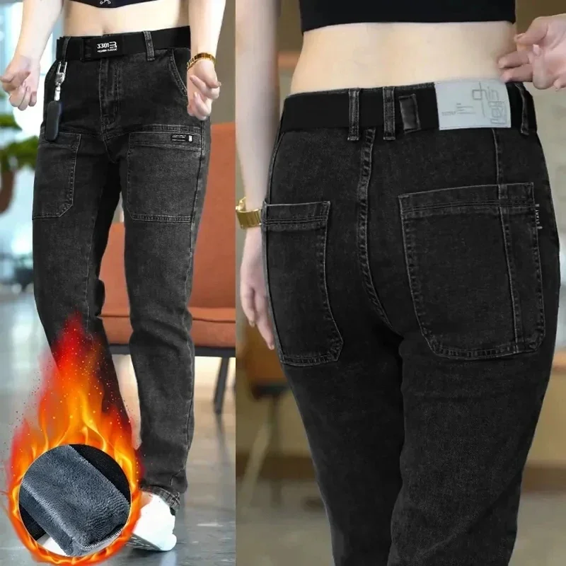 Winter New Men's Fleece Slim Jeans Stretch Skinny Multi Pocket Fashion Designer Denim Trousers Male Brand Clothes Streetwear